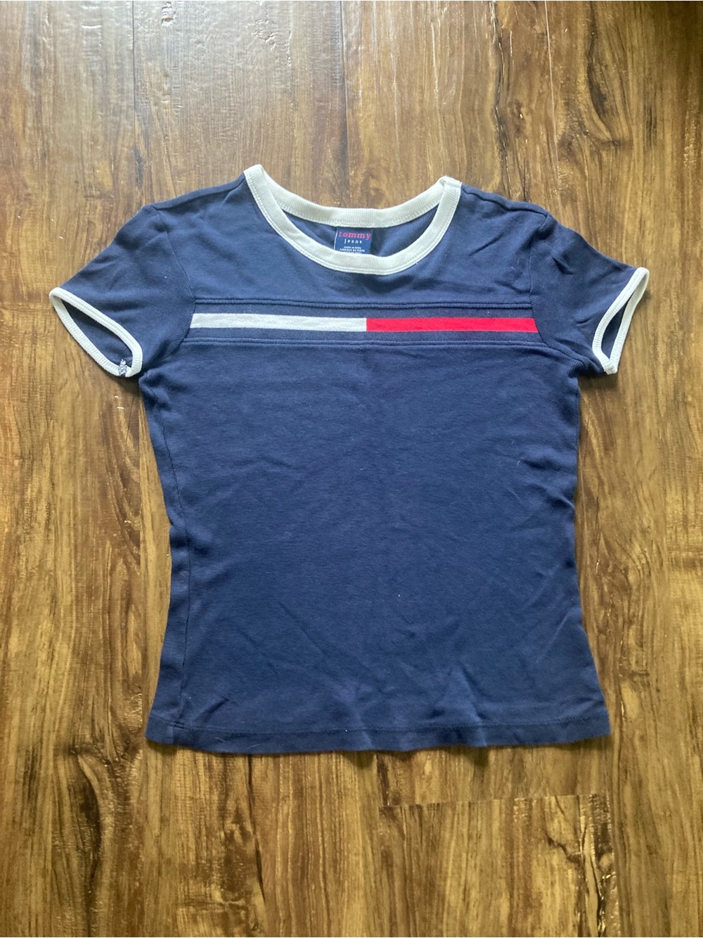 Tommy Hilfiger Navy Short Sleeve Tee with Red & White Stripe Women’s Size XS